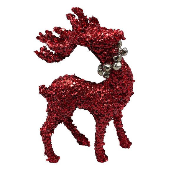 Christmas Red Sequin Standing reindeer Tabletop Decor bells collar 12" READ - Picture 1 of 6